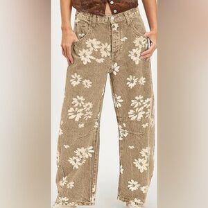 Loveimgs Floral Wide Leg Jeans in Tan 28